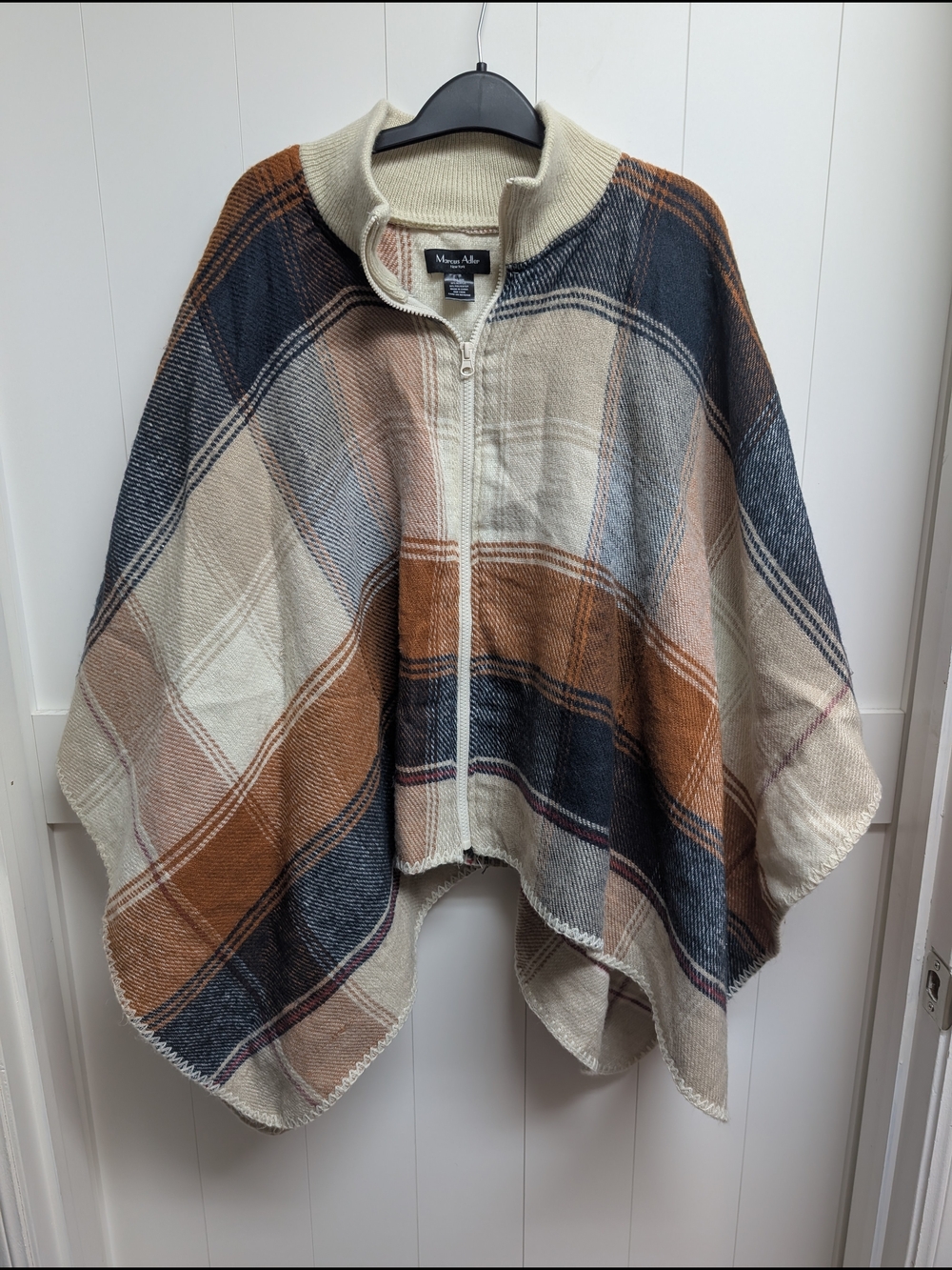 Marcus Adler Zip-Front Plaid Poncho - Cream, Brown, Navy